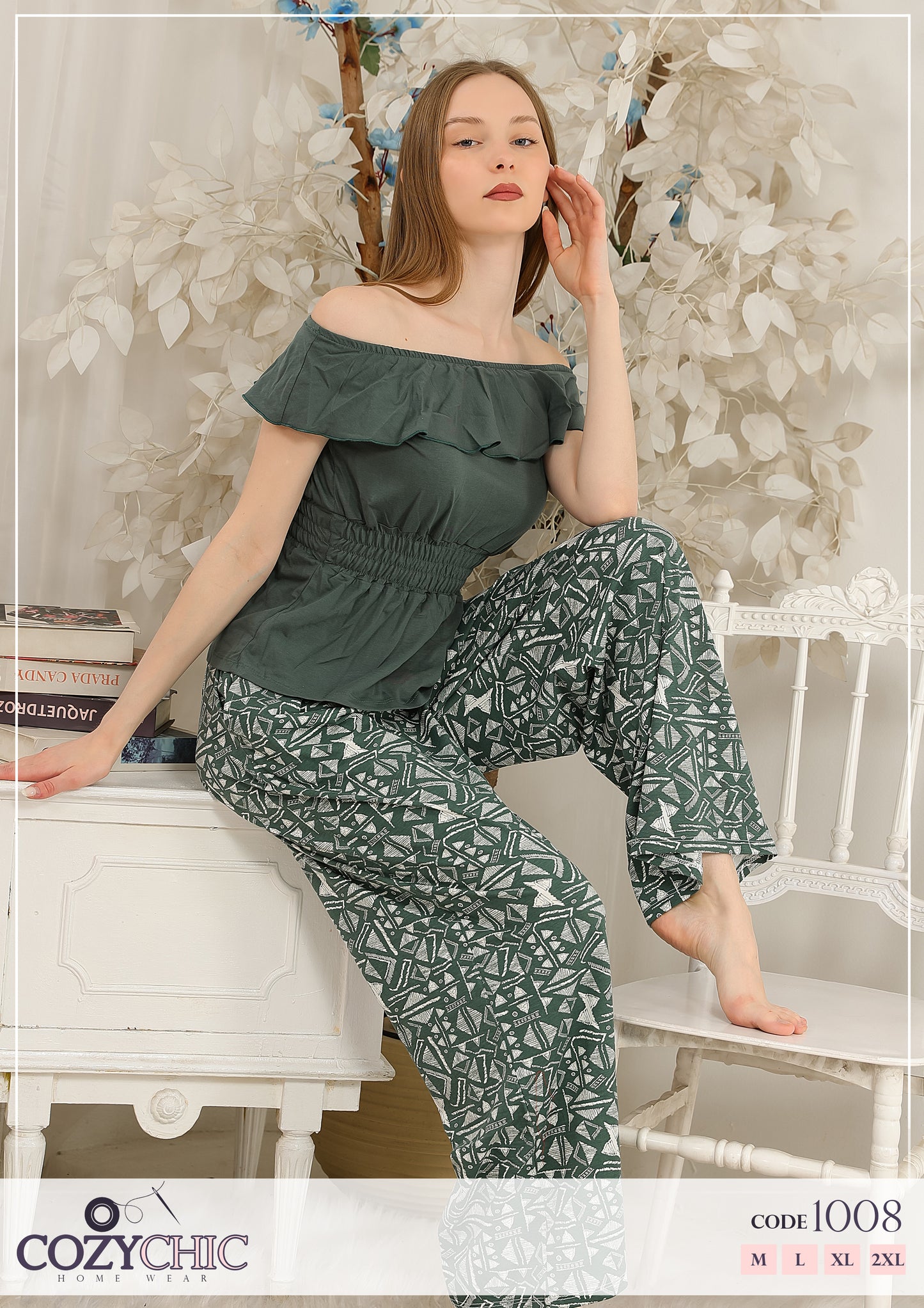 "Off-Shoulder" Pajama Set - Olive Green
