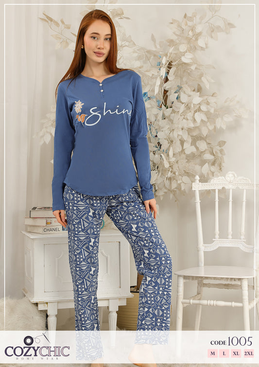 "Shine" Long Sleeves Pajama Set Big Size- Light Navy