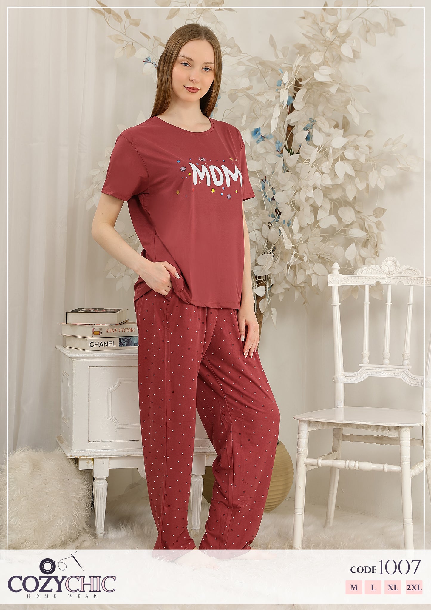 "MOM" Short Sleeves Pajama Set - Burgundy