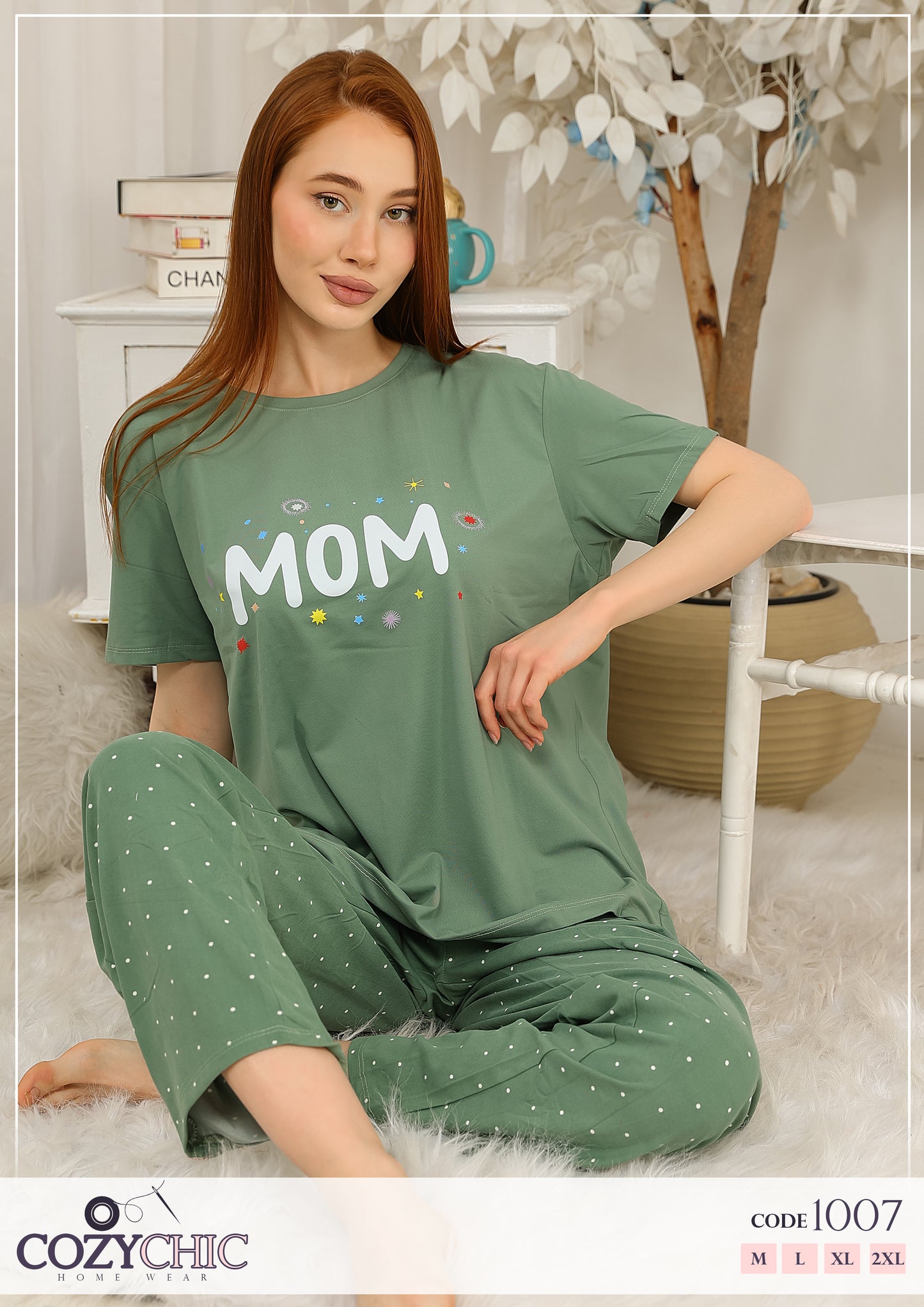 "MOM" Short Sleeves Pajama Set - Mint Green