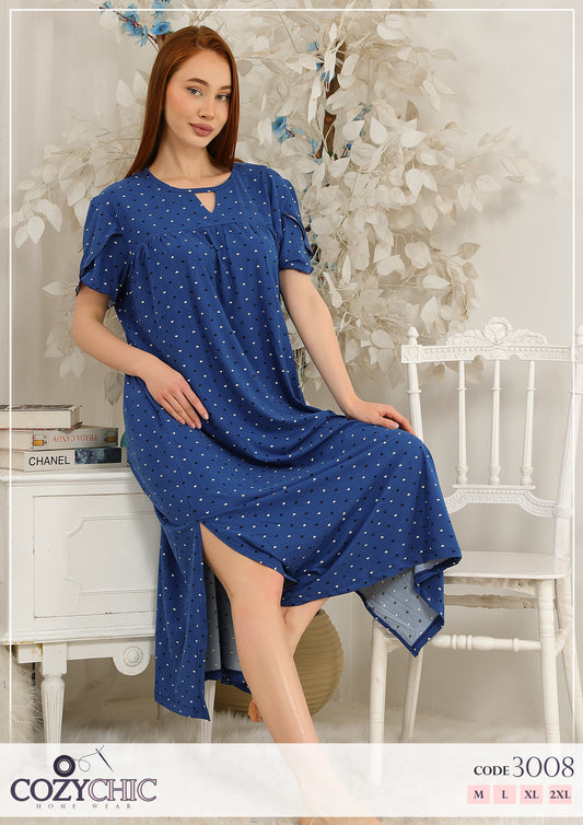 Heart-Printed Cotton Night Dress-Navy
