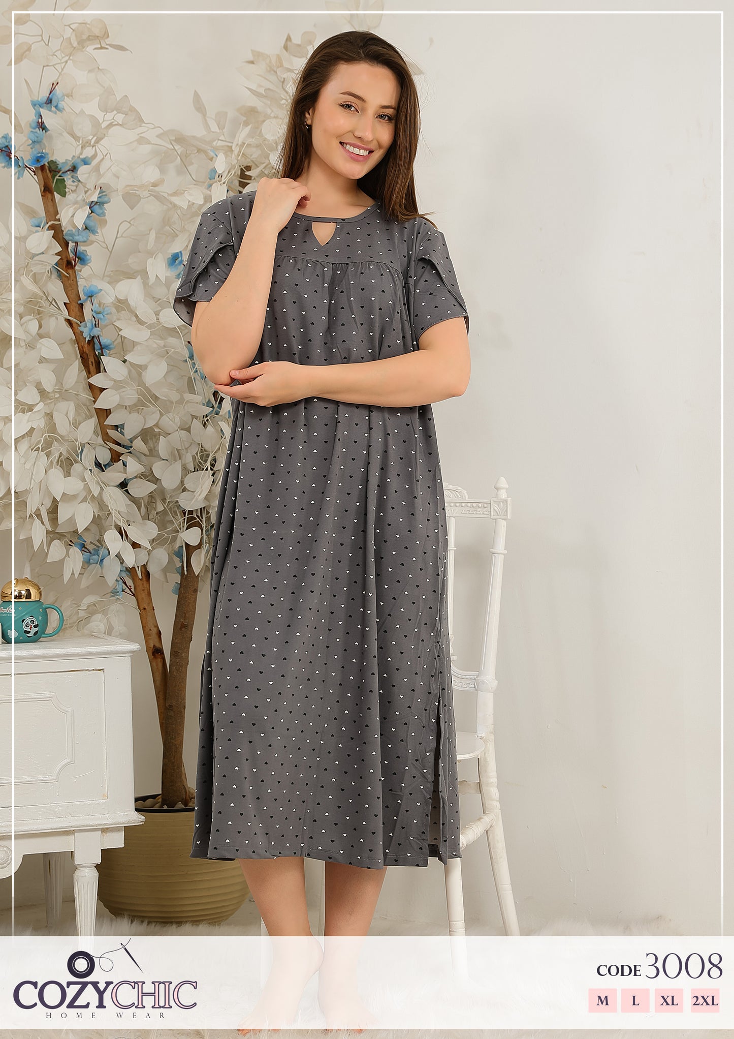 Heart-Printed Cotton Night Dress- Gray