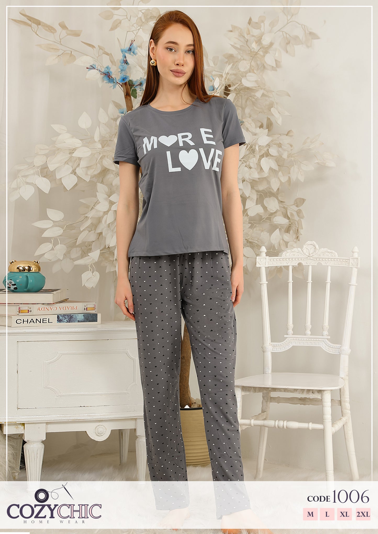 "More Love" Short Sleeves Pajama Set - Gray