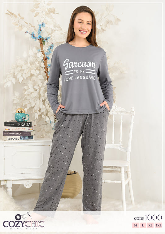 "Dots" Long Sleeves Cotton PJ set - Gray
