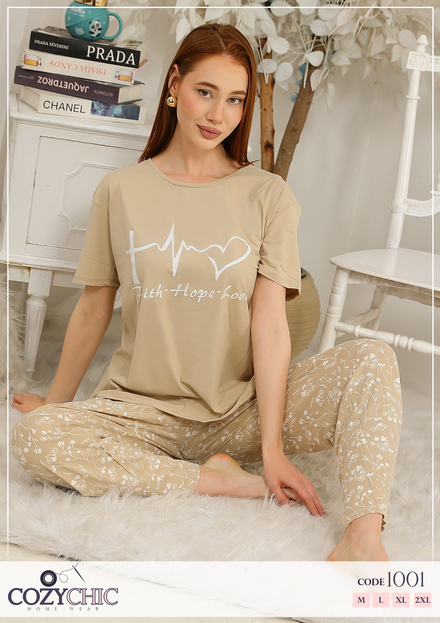 "Faith.Hope.Love" Half Sleeves Cotton Pj Set- Beige