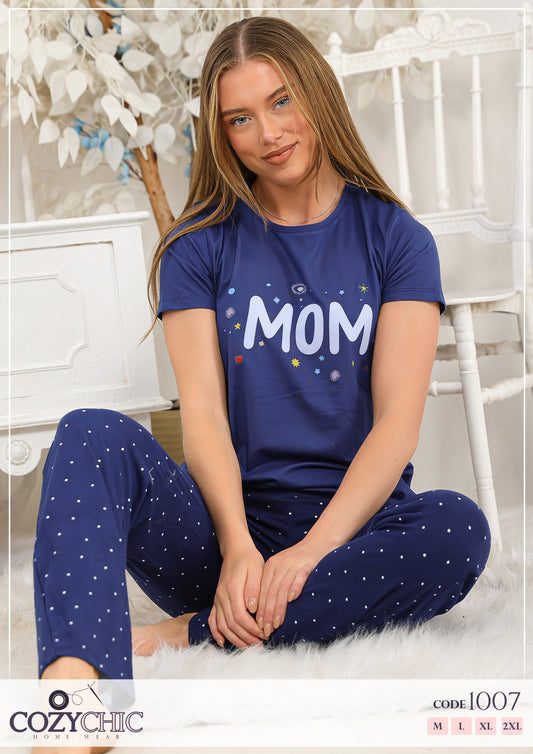 "MOM" Short Sleeves Pajama Set - Navy