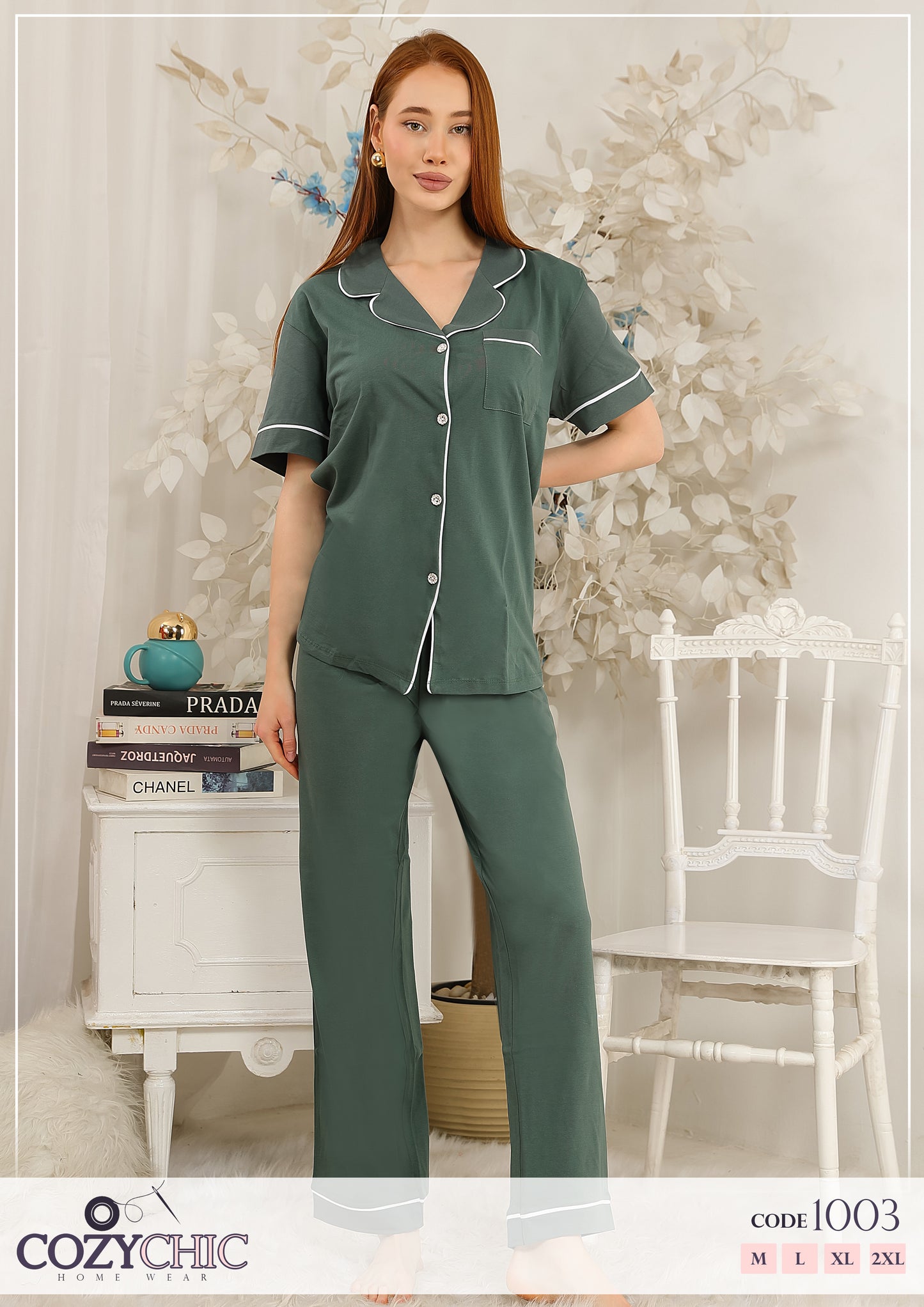 Classic Cotton Pajama Set Big Size - Olive Green