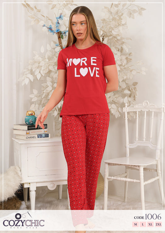 "More Love" Short Sleeves Pajama Set - Red