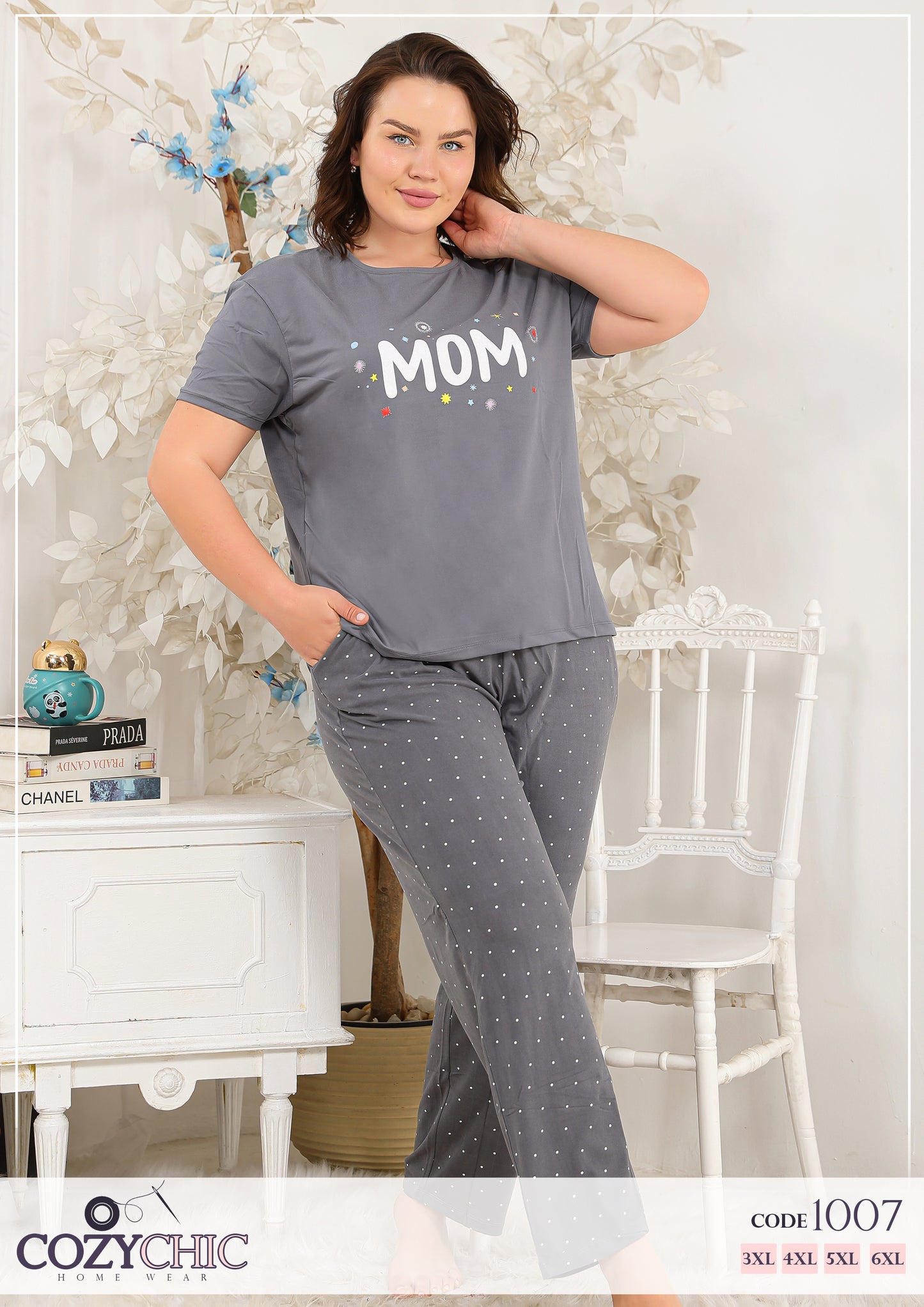 "MOM" Short Sleeves Pajama Set - Gray