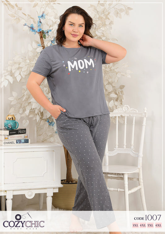 "MOM" Short Sleeves Pajama Set - Gray