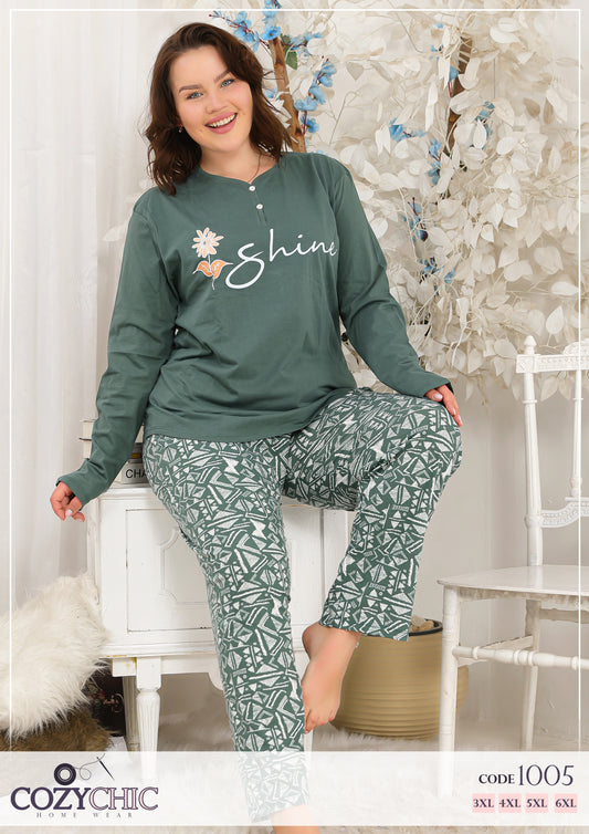 "Shine" Long Sleeves Pajama Set Big Size- Olive green