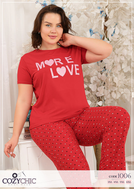"More Love" Short Sleeves Pajama Set Big Size - Red