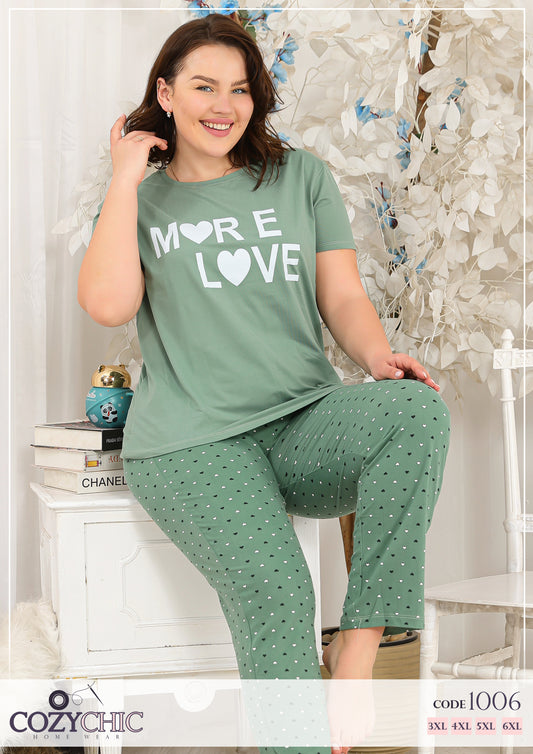 "More Love" Short Sleeves Pajama Set Big Size - Mint