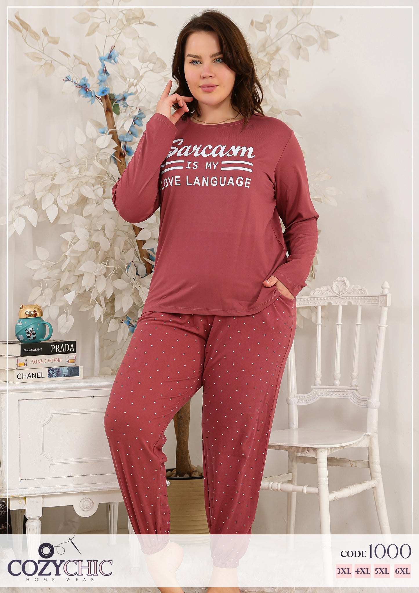 "Dots" Long Sleeves Cotton PJ set Big Size - Worm Red