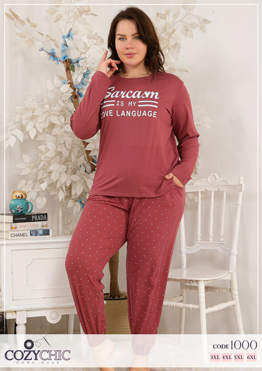 "Dots" Long Sleeves Cotton PJ set Big Size - Worm Red