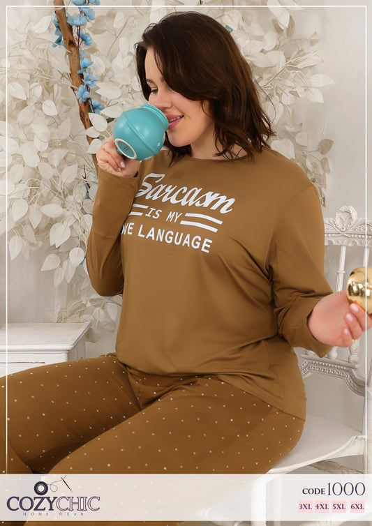 "Dots" Long Sleeves Cotton PJ set Big Size - Brown