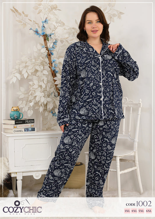 "Fun Doodle" Classic Pj Set Big Size - Navy