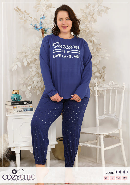 "Dots" Long Sleeves Cotton PJ set Big Size - Navy