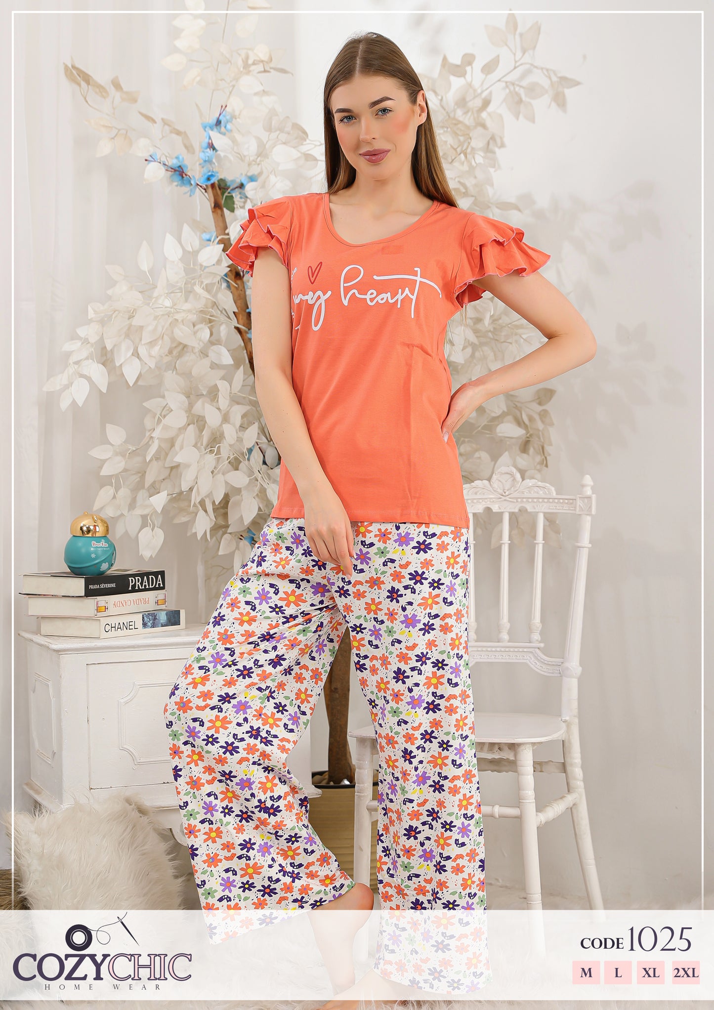 “My Heart” Short Sleeves Pj Set - Orange