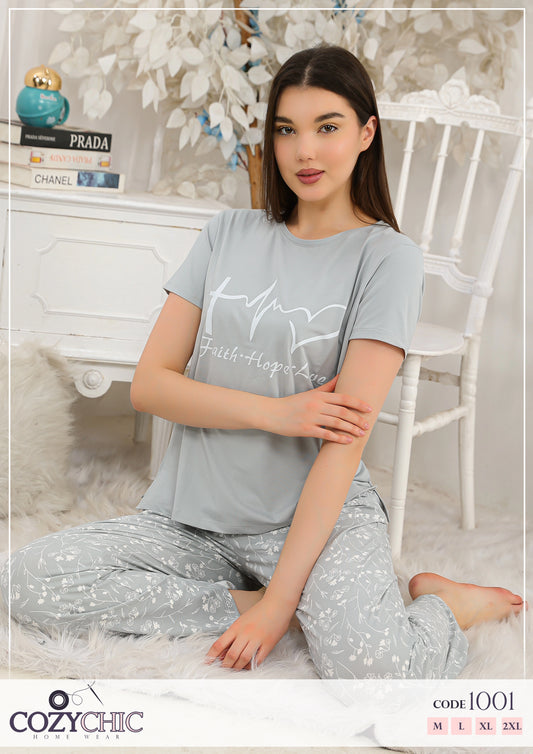 "Faith.Hope.Love" Half Sleeves Cotton Pj Set Big Size- Gray