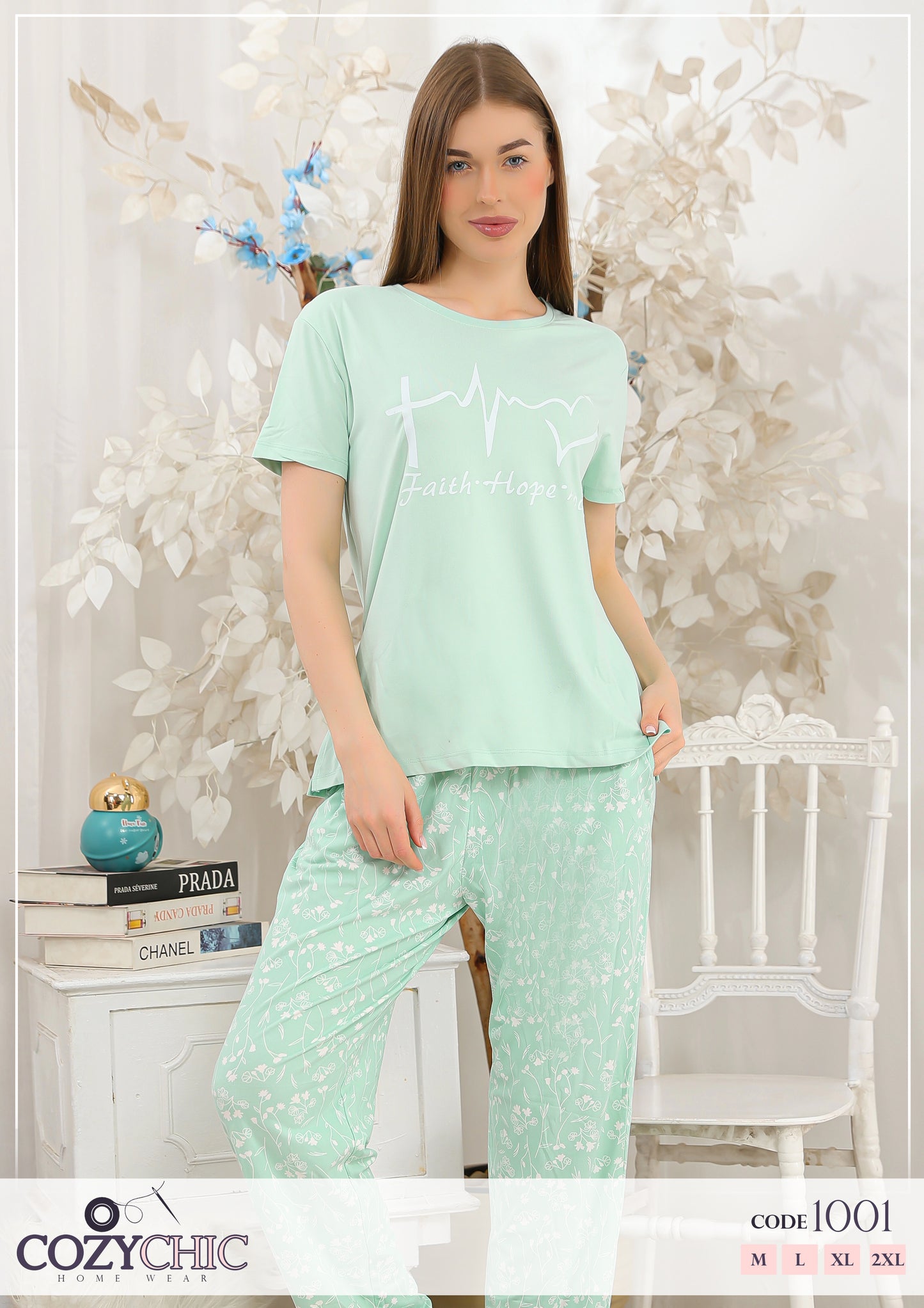 "Faith.Hope.Love" Half Sleeves Cotton Pj Set- Mint Green