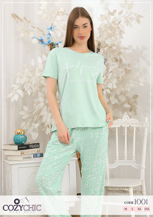 "Faith.Hope.Love" Half Sleeves Cotton Pj Set Big Size - Mint Green