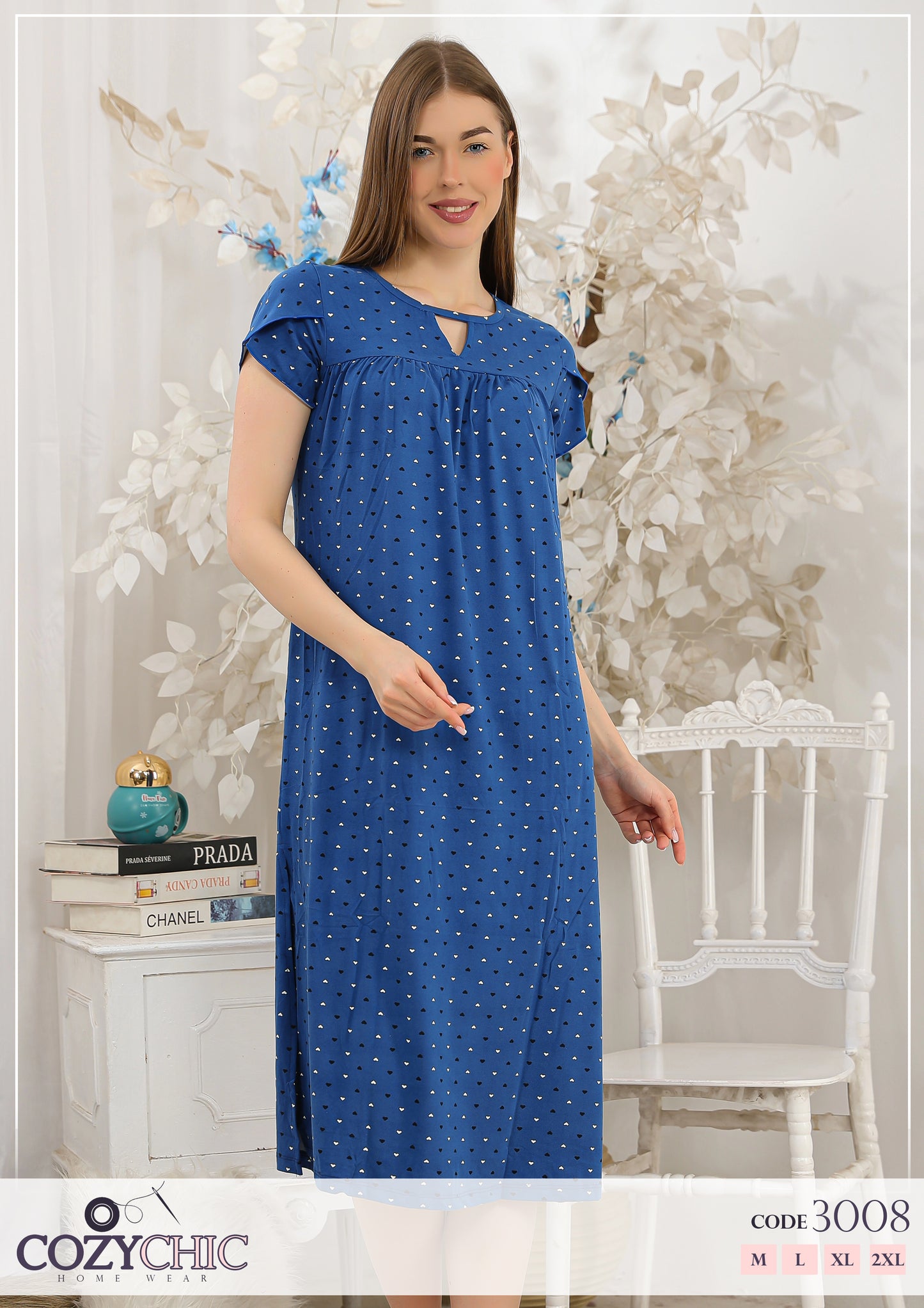 Heart-Printed Cotton Night Dress-Navy