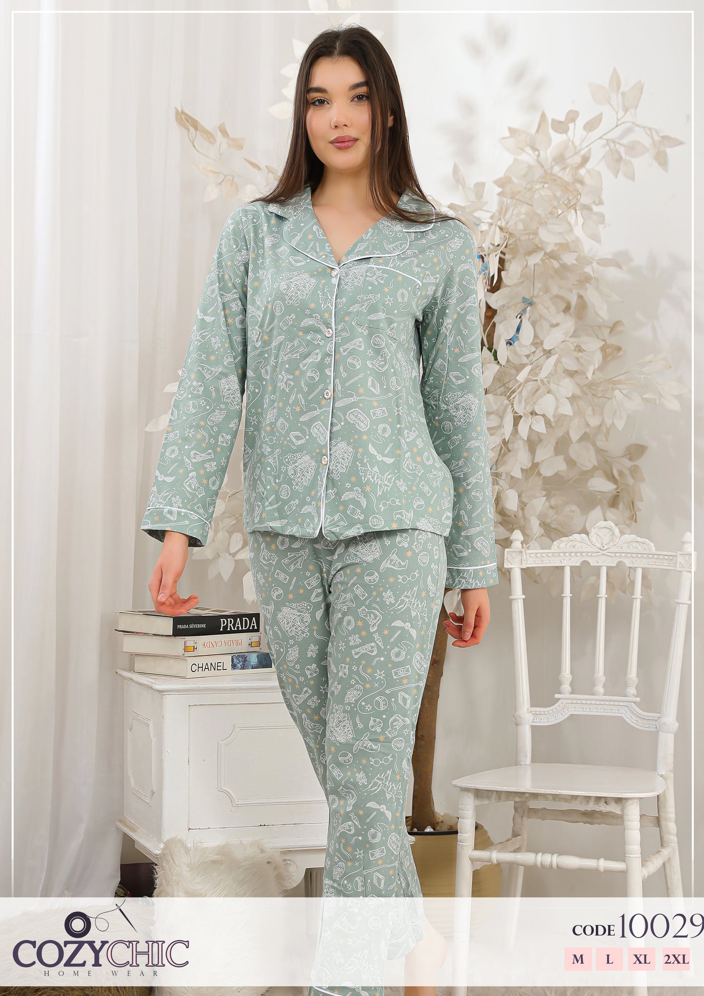 "Fun Doodle" Long Sleeves Classic Pajama - Mint Green