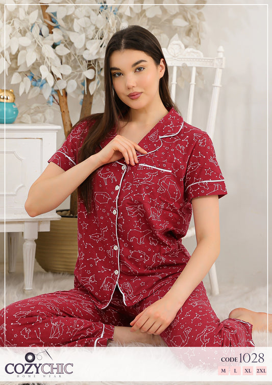 Playful Star Half Sleeves Classic Pj Set - Maroon