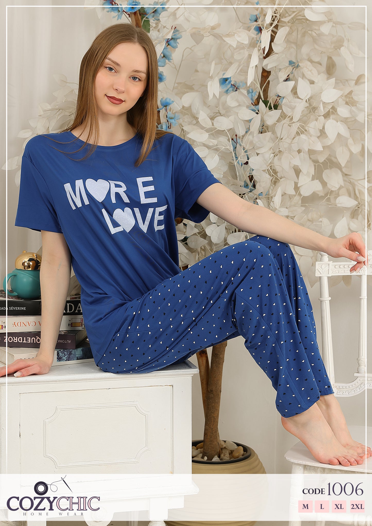 "More Love" Short Sleeves Pajama Set Big Size - Navy