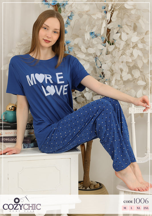 "More Love" Short Sleeves Pajama Set Big Size - Navy