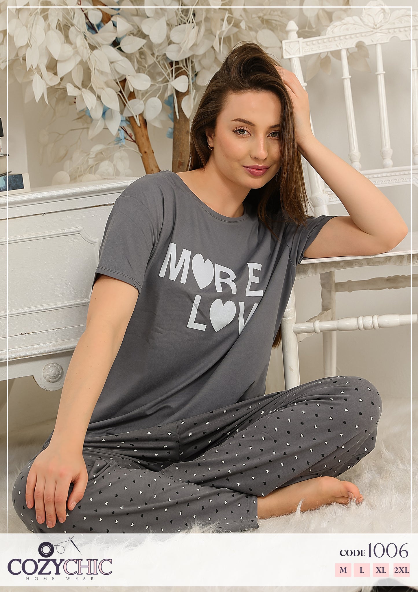 "More Love" Short Sleeves Pajama Set - Gray