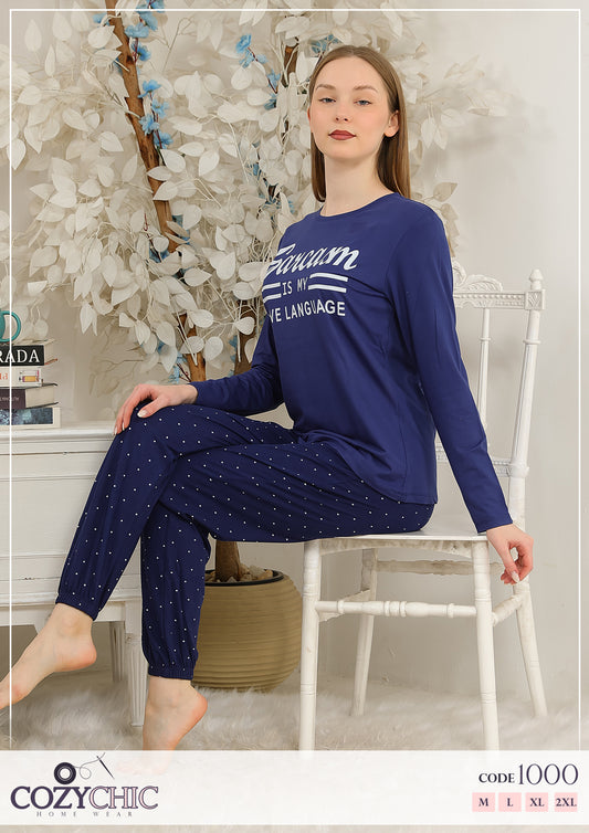 "Dots" Long Sleeves Cotton PJ set - Navy