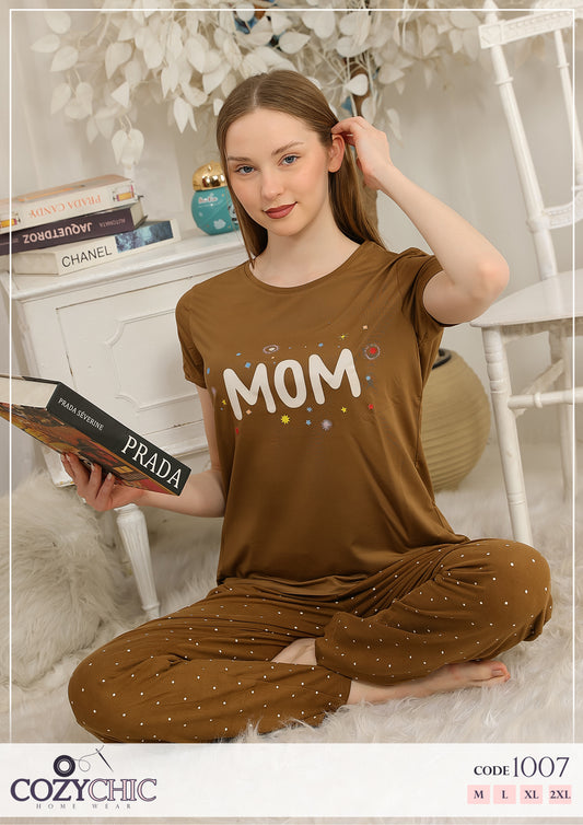 "MOM" Short Sleeves Pajama Set - Brown