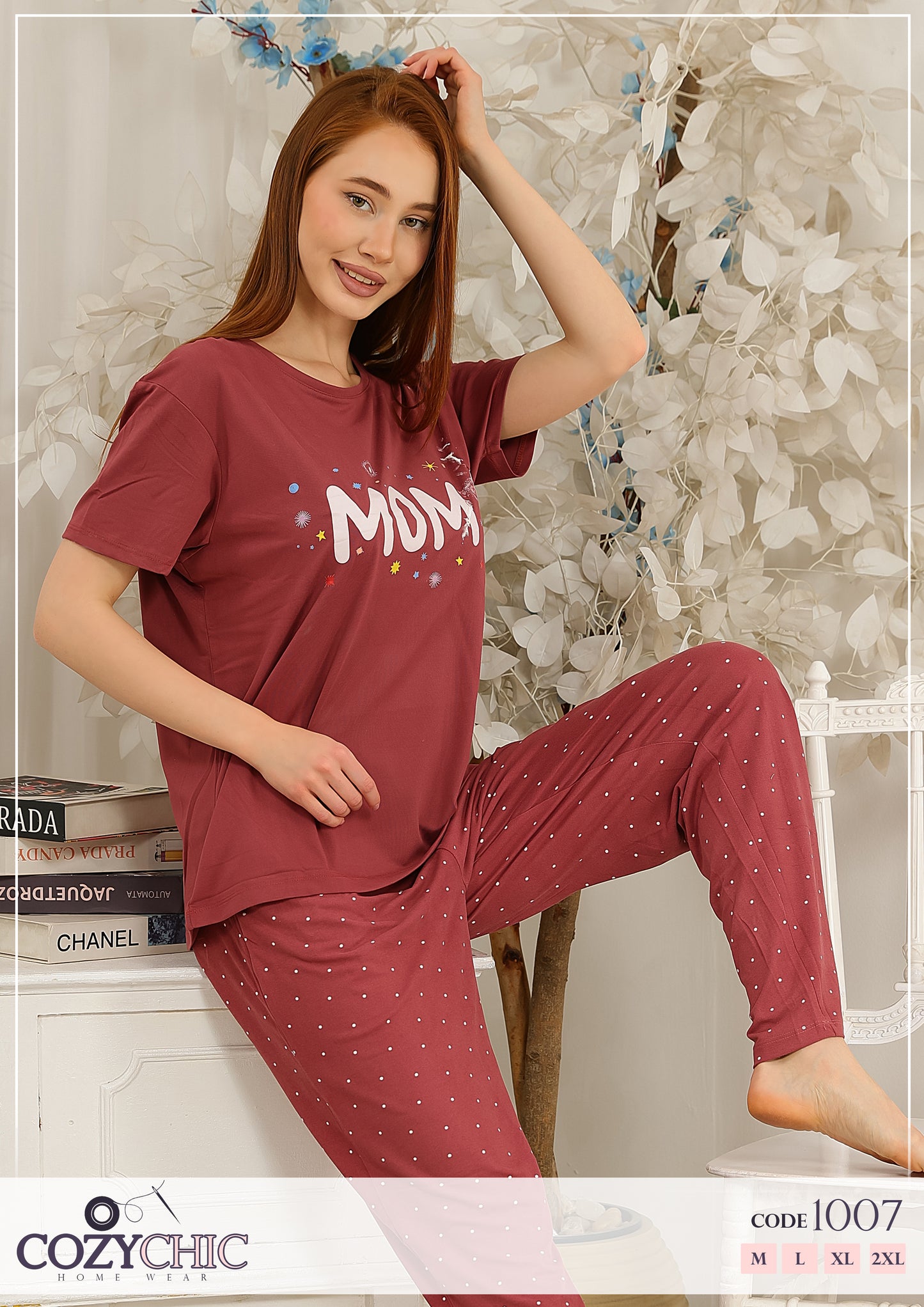 "MOM" Short Sleeves Pajama Set - Burgundy