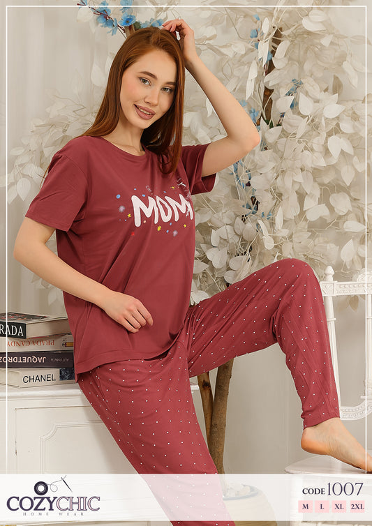 "MOM" Short Sleeves Pajama Set - Burgundy