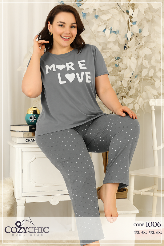 "More Love" Short Sleeves Pajama Set Big Size - Gray
