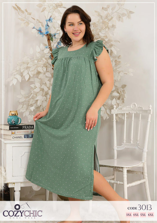 "Dots" Cotton Night Dress Big Size- Mint Green