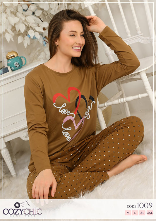 "Love" long Sleeves Pajama Set - Brown